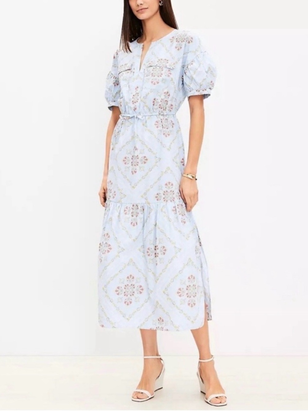LOFT Tuilerie Puff Sleeve Light Blue Floral Midi Dress Size Large